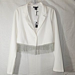 Sincerely Jules Women’s White Cropped Party Jacket with Rhinestone Bling-Medium
